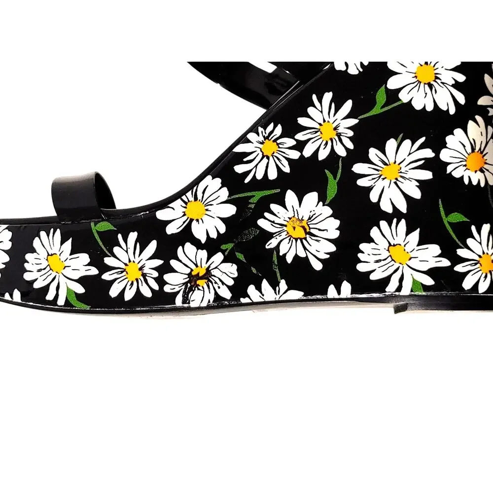 Betsey Johnson Landry Daisy Platform Wedge Sandals Black Floral Women Size 9